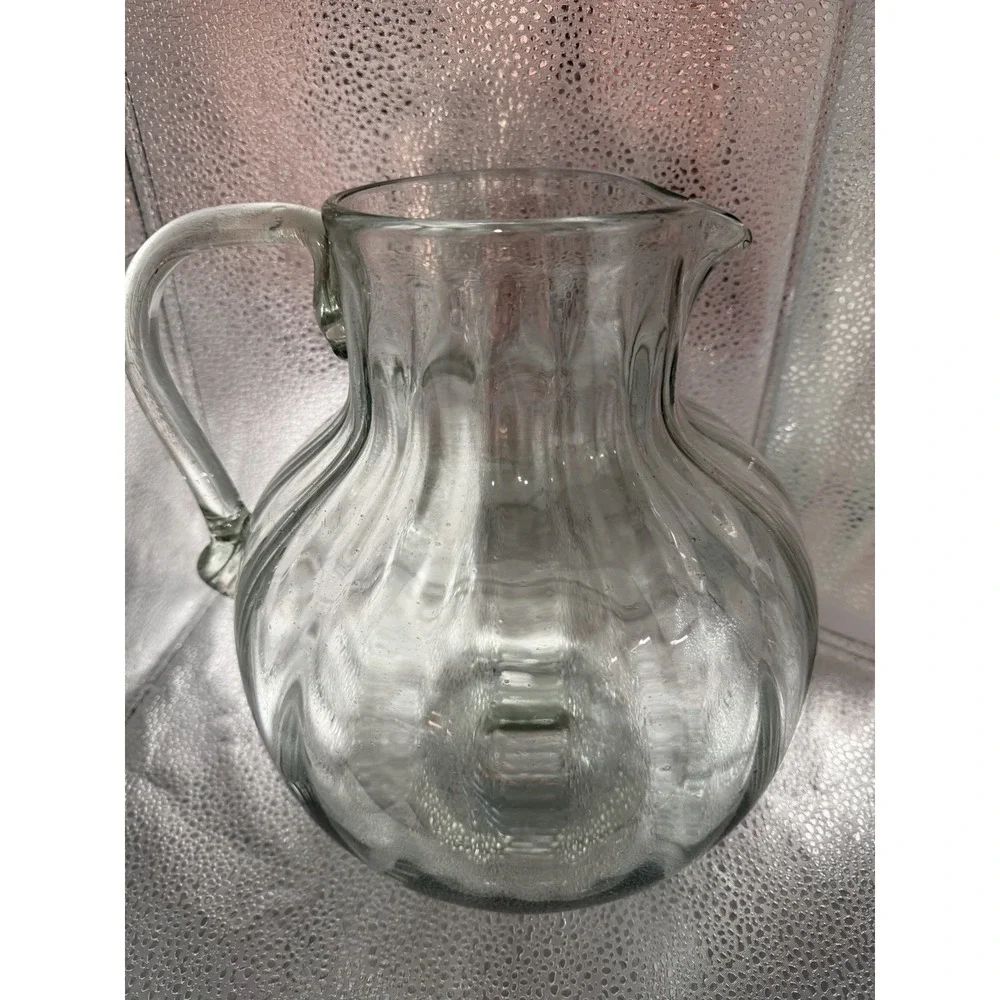 Vintage Large Handblown Glass Clear Pitcher Jug Optic Handled Ribbed 148 OZ